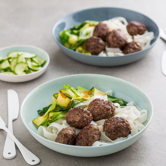Korean Beef Meatballs with Bok Choy and Rice Noodles