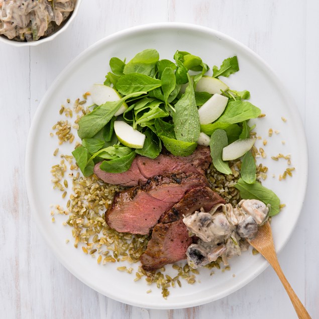 Butterflied Lamb Leg with Freekeh and Creamy Mushrooms
