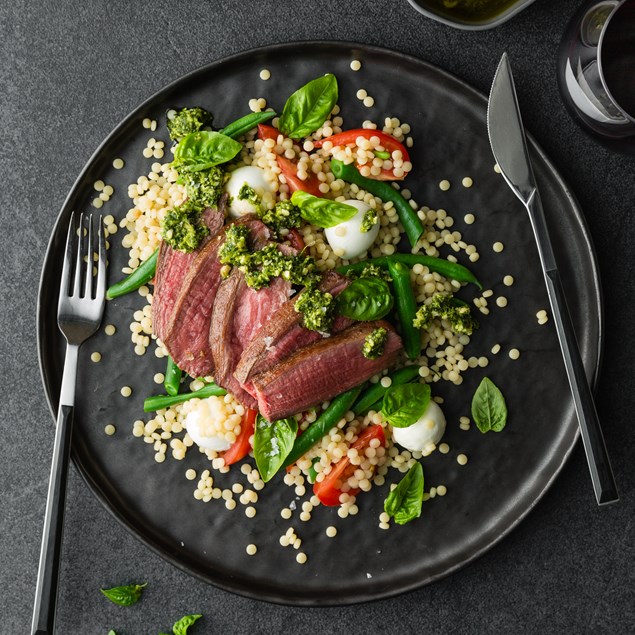 Venison Caprese with Pearl Couscous and Basil Pesto