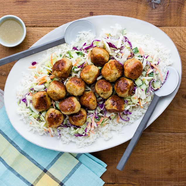 Vietnamese Turkey Meatballs with Rice and Crunchy Slaw
