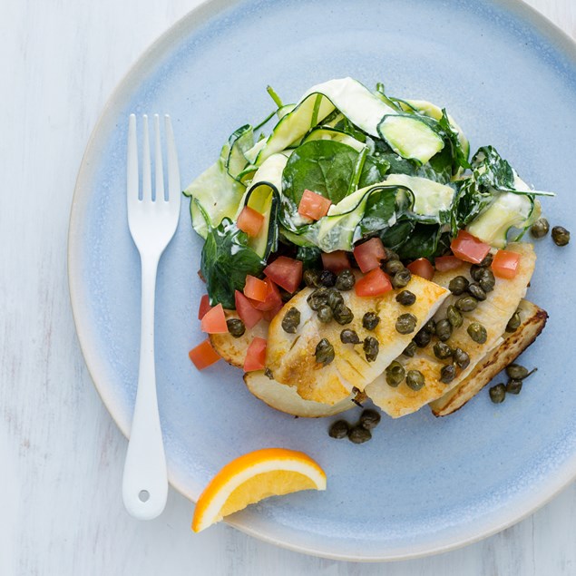 Pan-Fried Fish and Capers with Creamed Veggies