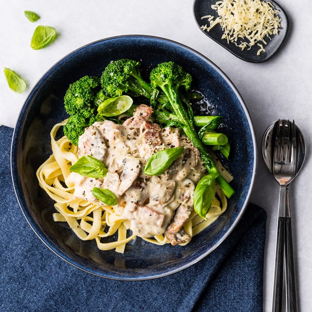 Bacon Fettuccine with Mushrooms & Porcini Cream