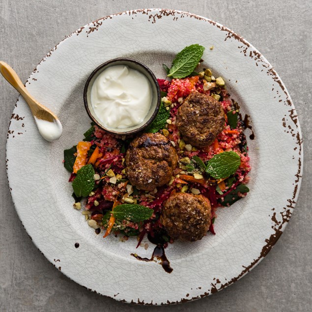 Middle Eastern Lamb Cakes with Couscous and Pomegranate