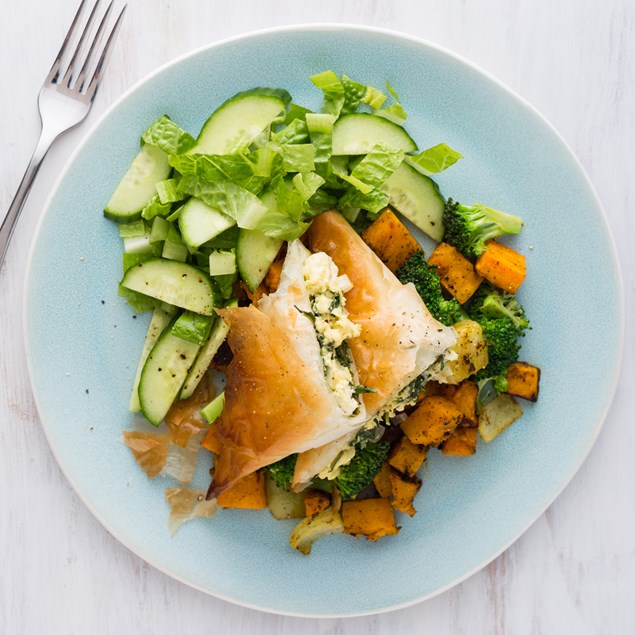 Feta Filos with Spiced Pumpkin and Cucumber Almond Salad