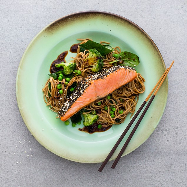 CRISPY SALMON WITH BLACK BEAN AND SOBA NOODLES