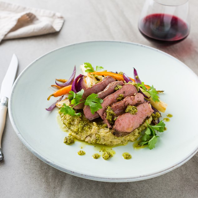 Horopito Rubbed Lamb with White Bean Smash and Salsa Verde
