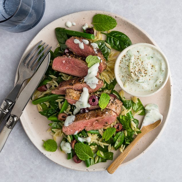 Greek Lamb Steaks with Warm Orzo & Feta