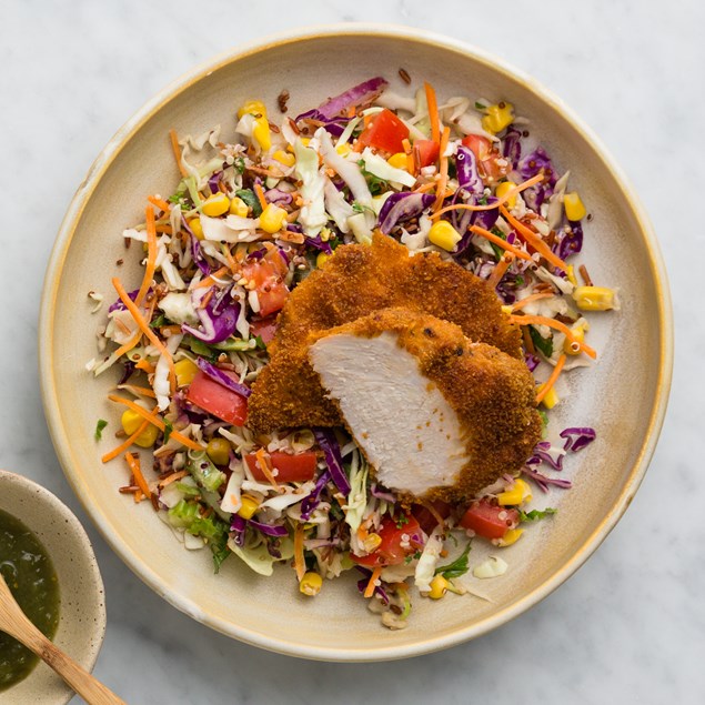 Crispy Cajun Chicken with Slaw and Tomatillo Relish