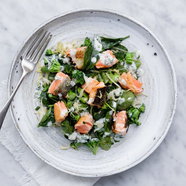 Salmon and Sauerkraut Salad with Chive and Garlic Drizzle