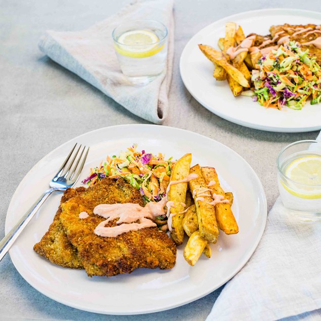 Beef Schnitzel with Mexican Potato Chips, Sprout Slaw and Chipotle Yoghurt