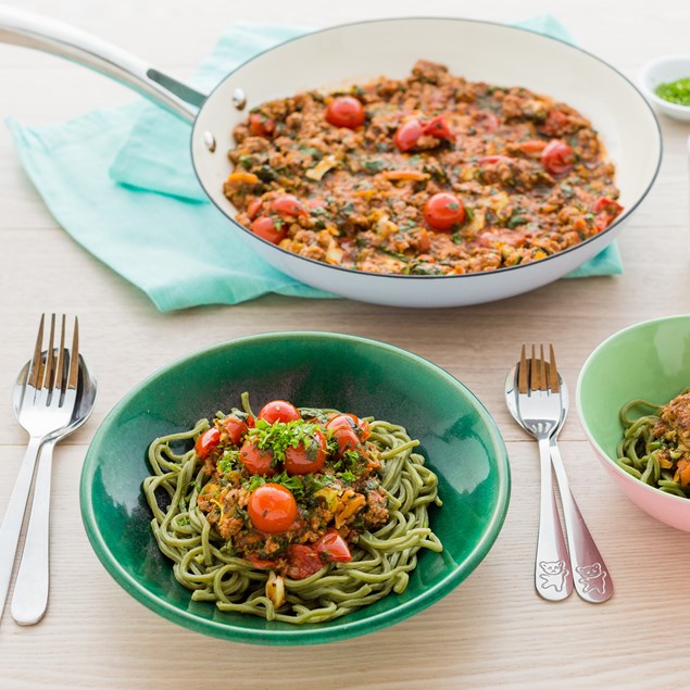 Lamb and Veggie Bolognaise with Spinach Spaghetti 