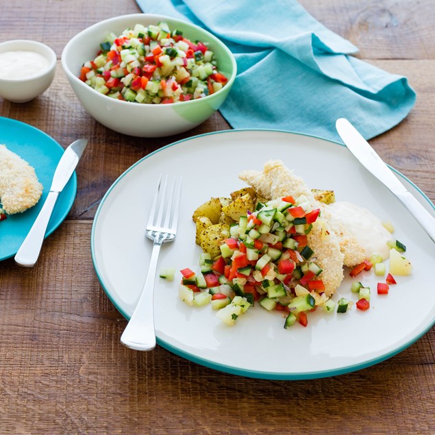 Coconut Chicken with Curried Potatoes and Pineapple Salsa