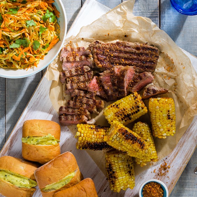 Hickory Beef Steaks with Smoky Corn and Garlic Bread - My Food Bag