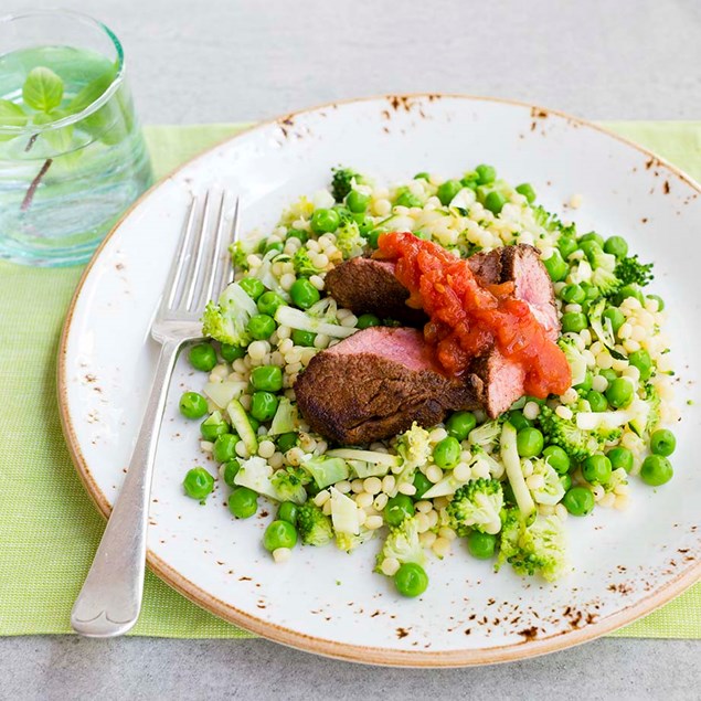Moroccan Spiced Lamb with Green Veggie Pearl Couscous and Sweet Tomato Chutney