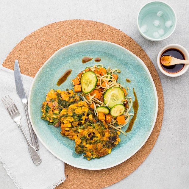 Sweetcorn and Kimchi Fritters with Mung Bean Salad