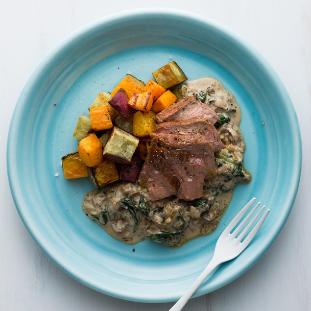 Seared Lamb with Creamy Mushroom and Spinach Sauce