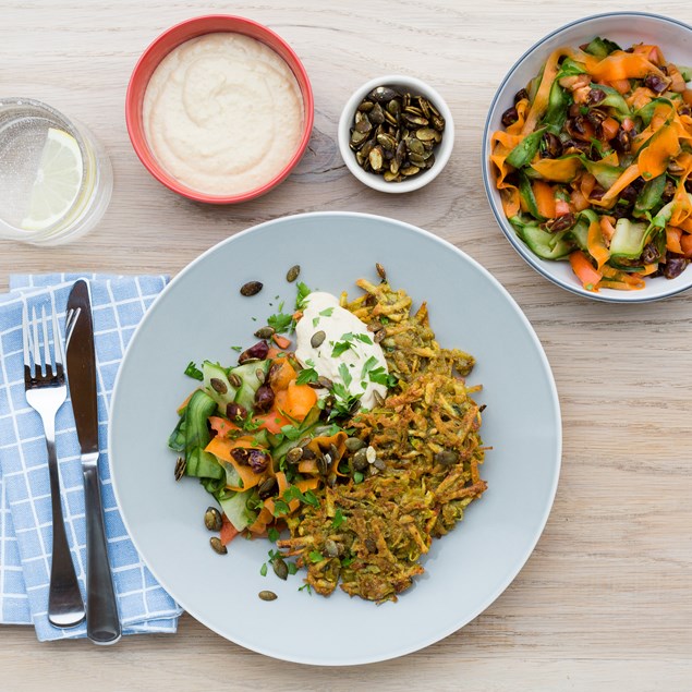 Kumara Rosti with Moroccan Salad and Creamy Hummus