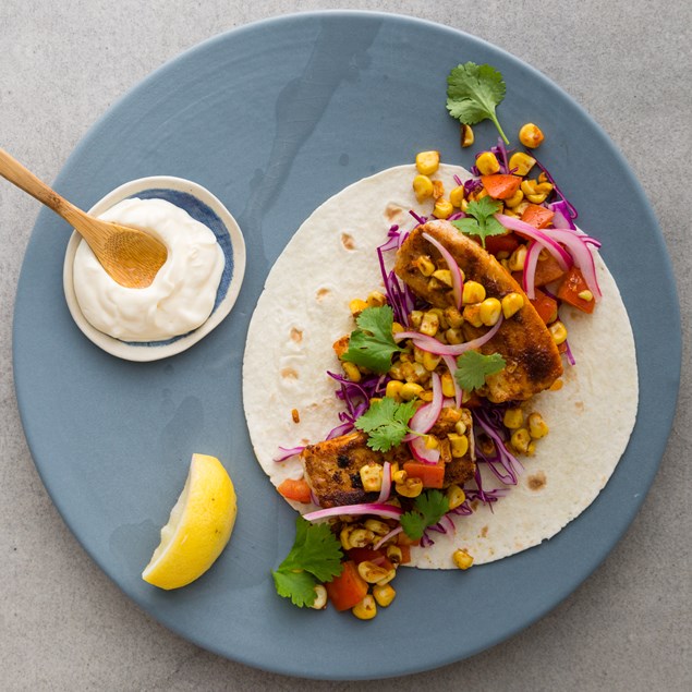 Fish Tacos with Pickled Onion and Jalapeno Cream