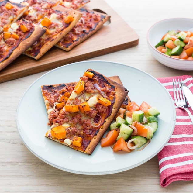 Roast Pumpkin and Bacon Pizza with Salad