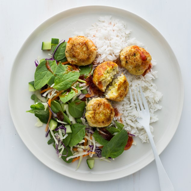 Vietnamese Chicken Meatballs with Rice and Crunchy Slaw
