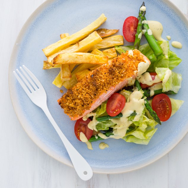 Panko Baked Salmon with Chips and Hollandaise Sauce
