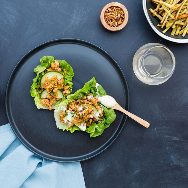Southwest Turkey Lettuce Cups with Kumara Shoestrings and Ranch Dressing