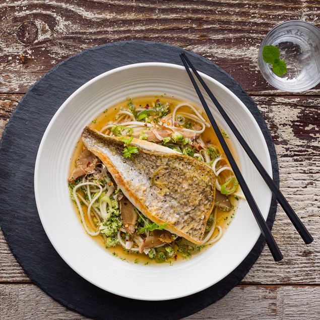 Crispy-Skinned Fish with Dashi Broth and Udon Noodles