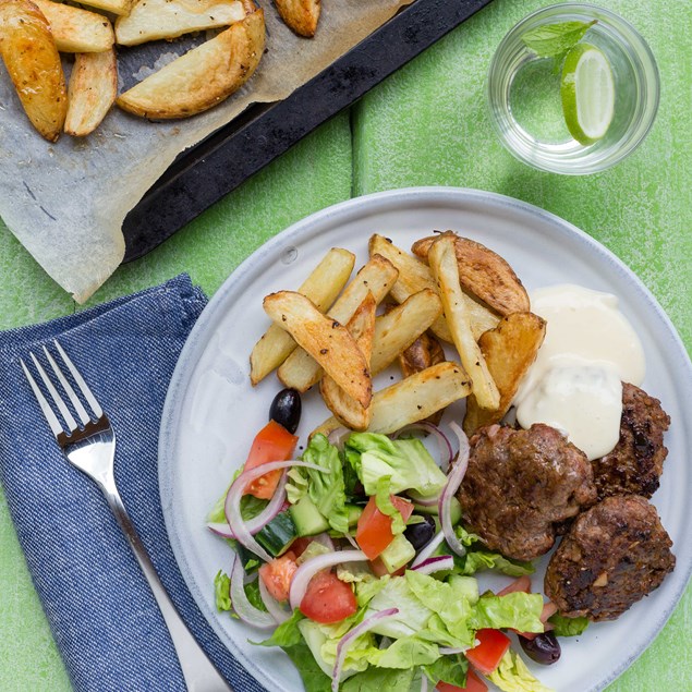 Beef Rissoles with Wedges, Summer Salad and Honey Mustard Aioli