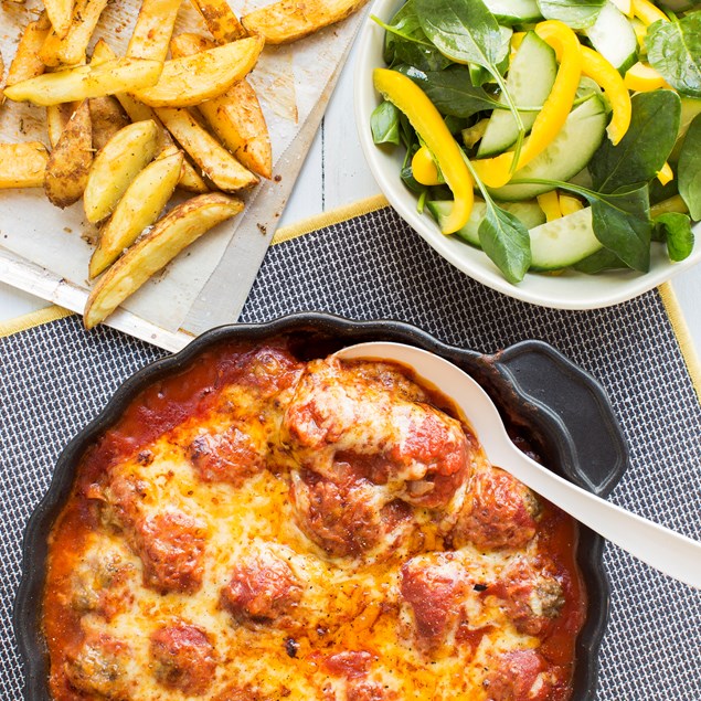 Lamb Meatballs with Tomato Sauce, Seasoned Oven Chips and Salad