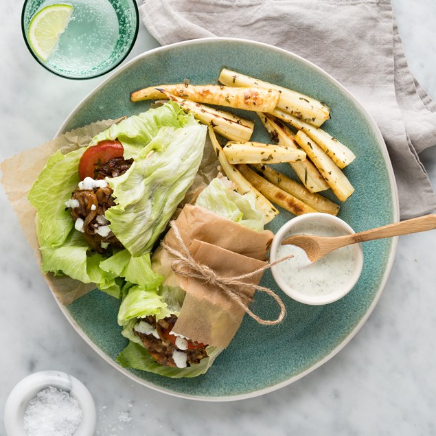 Lamb Burger Lettuce Wraps with Rosemary Roast Parsnips and Mint Yoghurt