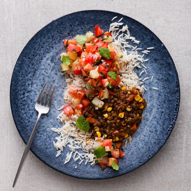 Jerk Lentils with Coconut Rice and Pineapple Salsa 