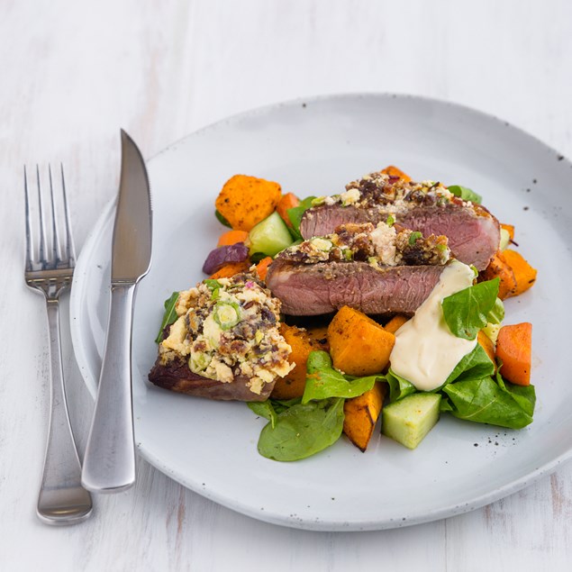 Feta and Date-crusted Lamb with Moroccan Roast Veggies