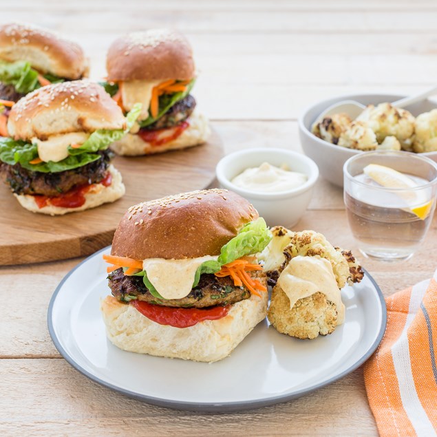 Indian Lamb Burgers with Roasted Cauliflower and Curry Sour Cream