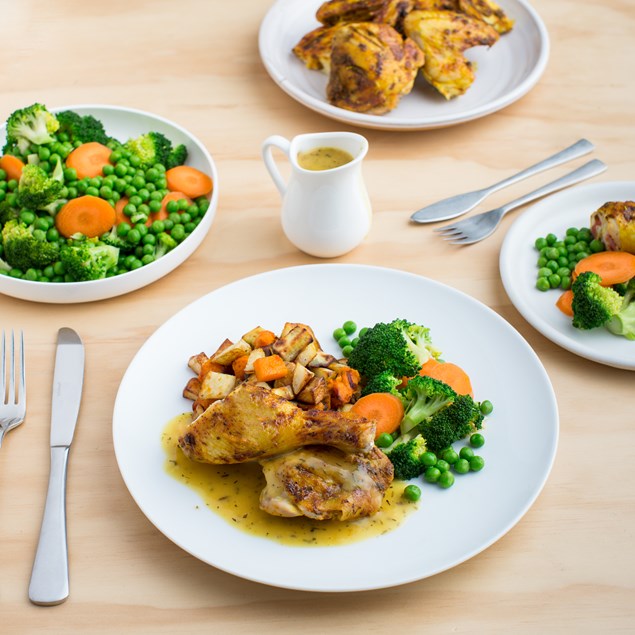 Roast Butterflied Chicken and Gravy with Roast Vegetables