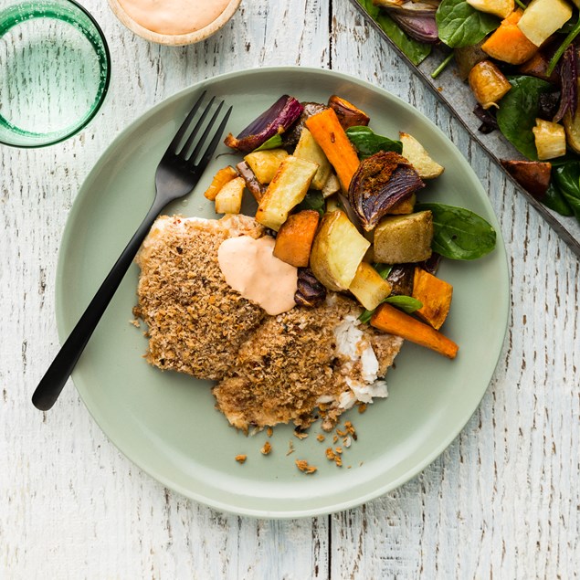 Moroccan Crumbed Fish with Roasties & Harissa Aioli