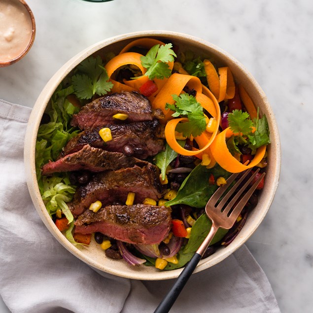 Chipotle Beef Bowl with Carrot Corinader Salad and Spiced Beans