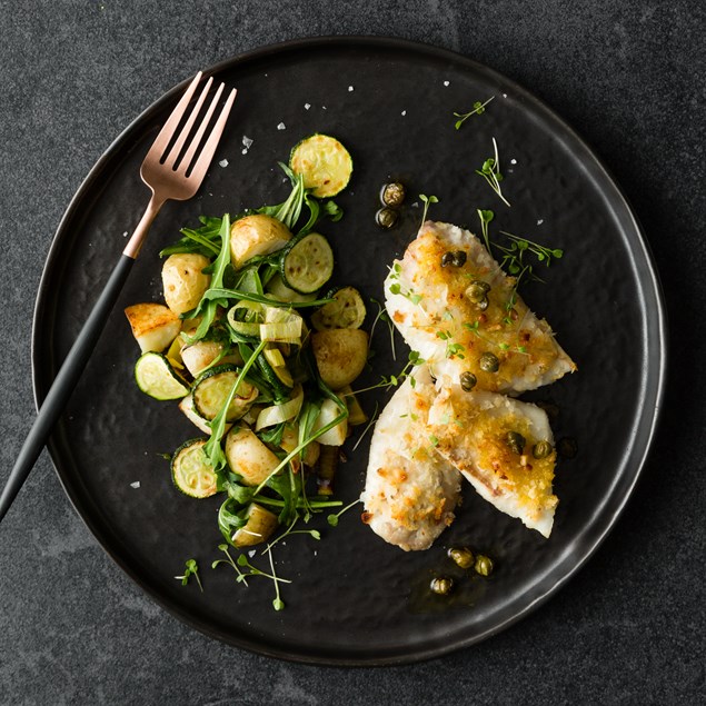 Pine Nut Crusted Fish with Caper Sauce and Micro Rocket