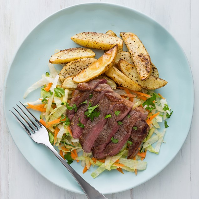 Lamb Steaks with Sumac Wedges and Courgette Yoghurt Slaw
