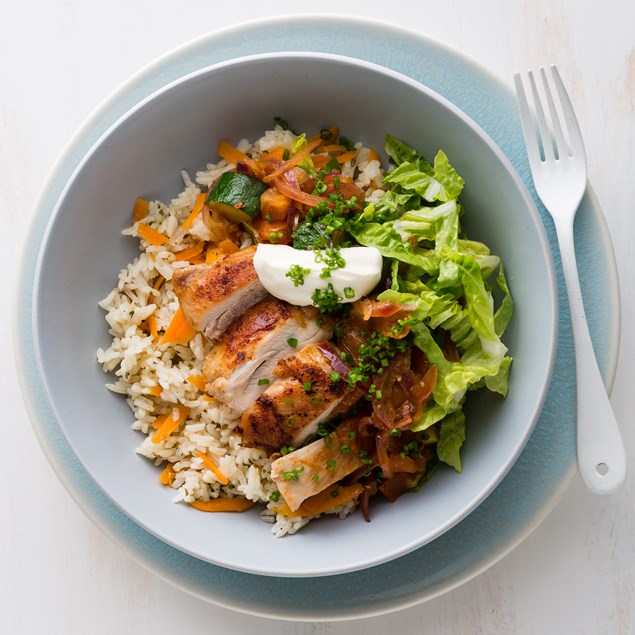 Mexican Chicken Bowl with Baked Rice and Sour Cream