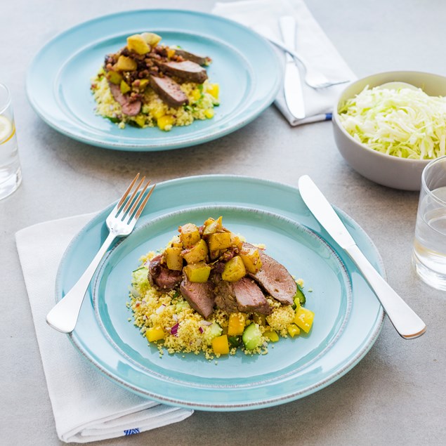 Lamb Rump Steaks with Warm Pear Salsa and Couscous Salad