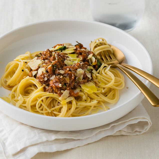 Spaghetti Bolognese with Shaved Parmesan 