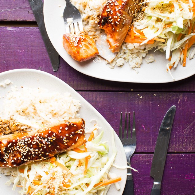 Teriyaki Sesame Salmon, Brown Rice and Japanese Slaw