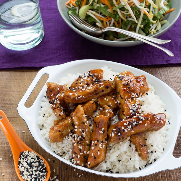 Hoisin-Glazed Pork with Asian Apple Slaw and Sesame Rice