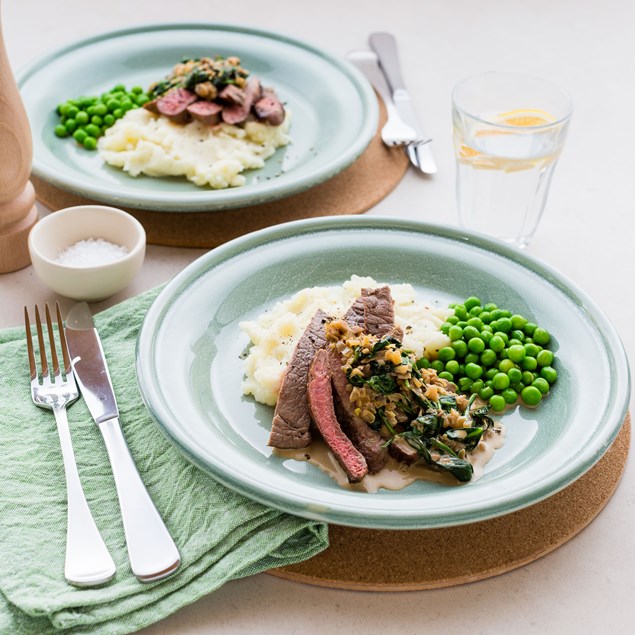 Beef Minute Steaks with Creamy Mushroom and Spinach Sauce