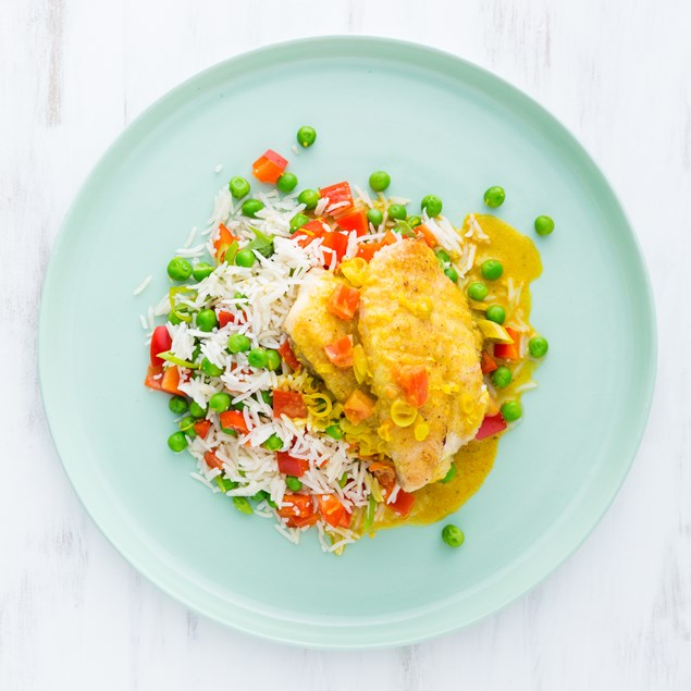 Pan-Fried Fish with Coconut Curry Sauce and Veggie Rice