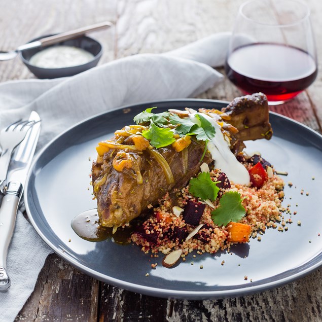 Moroccan Lamb Shanks with Roasted Winter Root Vegetable Couscous 