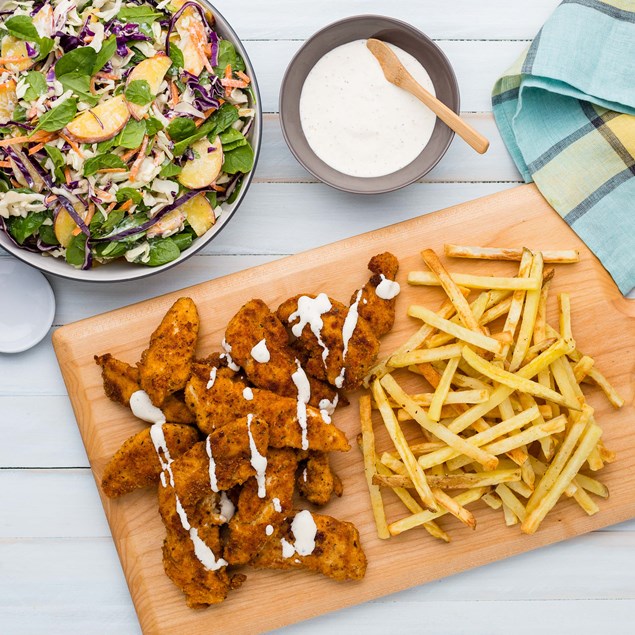 Shake and Coat Chicken Tenders with Chips and Summer Slaw 