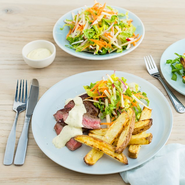 Beef Picanha Steak with Chicken Chips, Slaw and Bearnaise Sauce