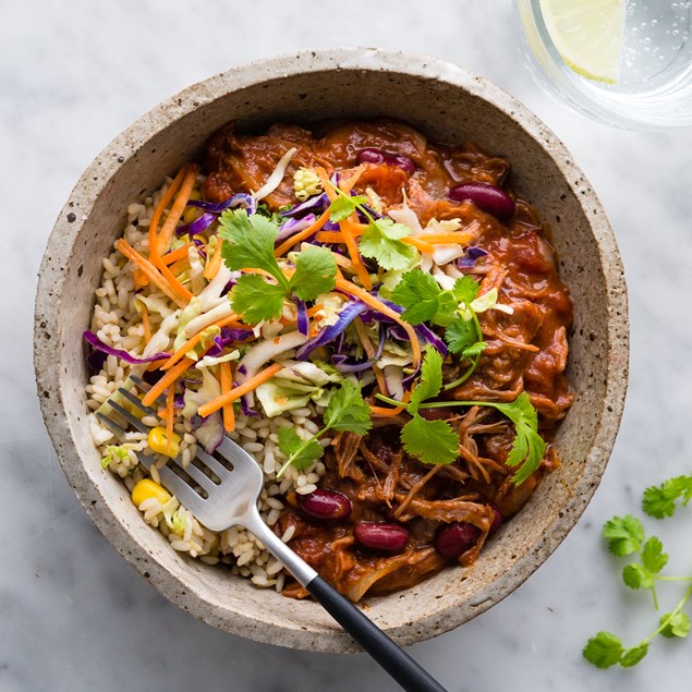 Pulled Beef Chilli with Super Grains and Smoky Slaw
