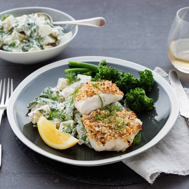 Almond-Crusted Fish with Dill Potato Salad and Broccolini